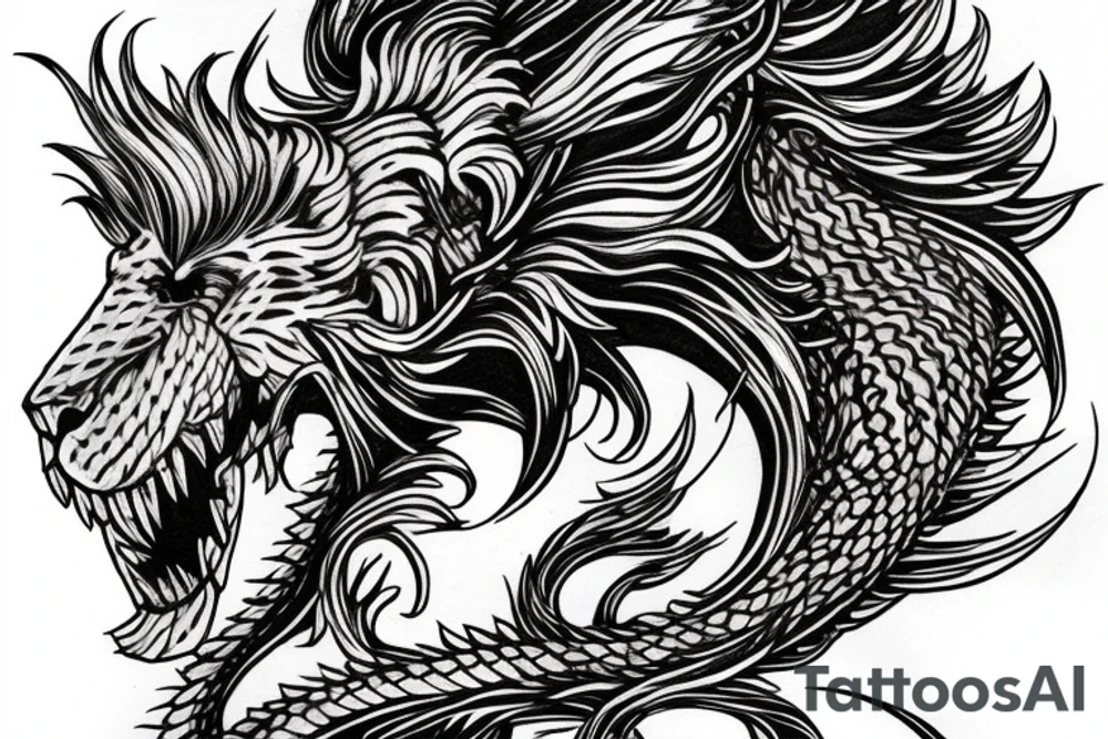 lion mane hair drawn as dragon scale armour tattoo idea