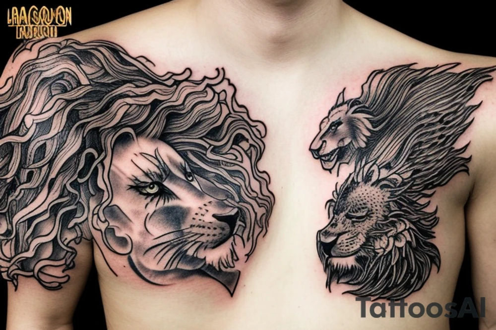 lion mane hair drawn as dragon scale armour tattoo idea