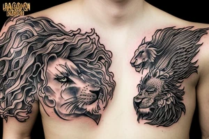 lion mane hair drawn as dragon scale armour tattoo idea