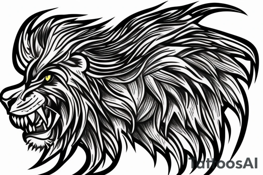 lion mane hair drawn as dragon scale armour tattoo idea