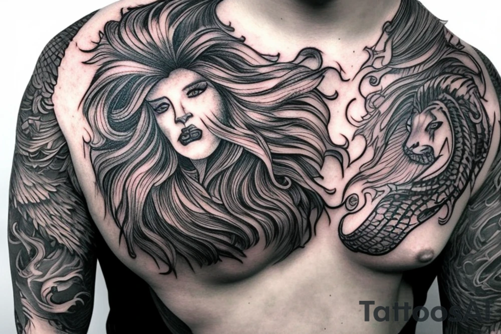 lion mane hair drawn as dragon scale armour tattoo idea
