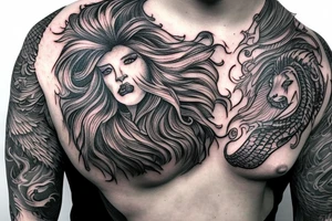 lion mane hair drawn as dragon scale armour tattoo idea