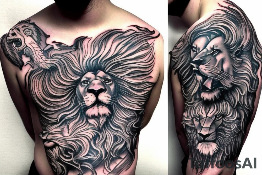 lion mane hair drawn as dragon scale armour tattoo idea
