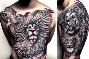 lion mane hair drawn as dragon scale armour tattoo idea