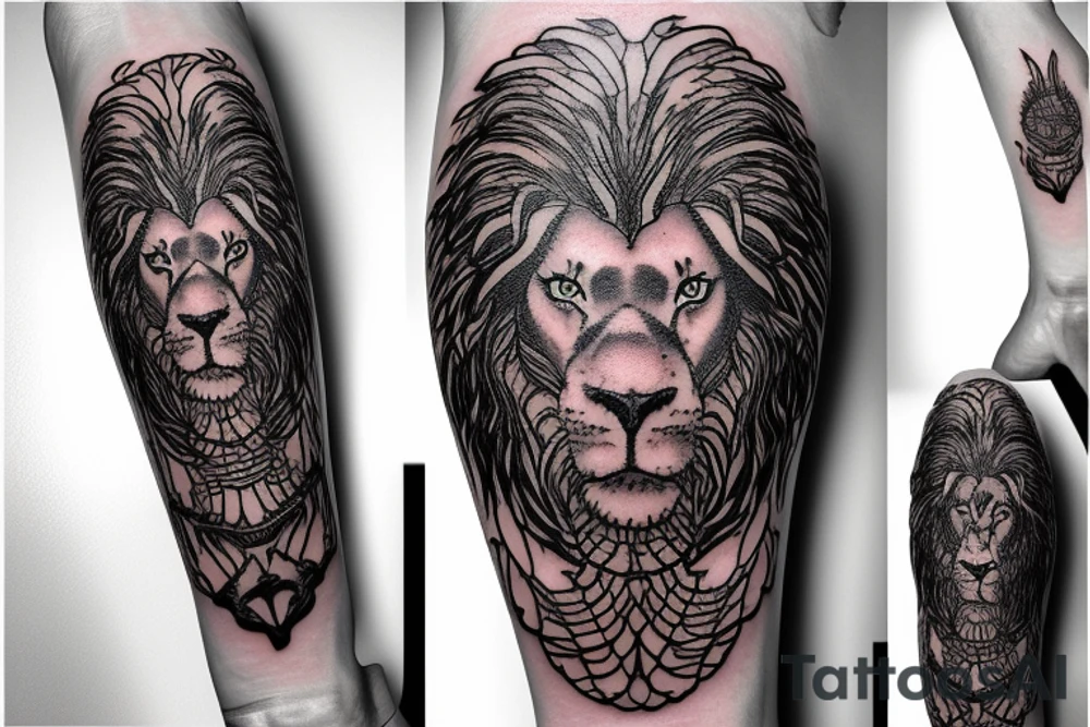 Lion mane hair is drawn as dragon-scale armour tattoo idea