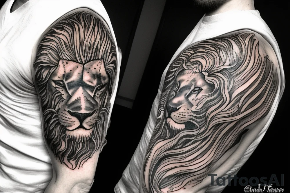 Lion mane hair is drawn as dragon-scale armour tattoo idea
