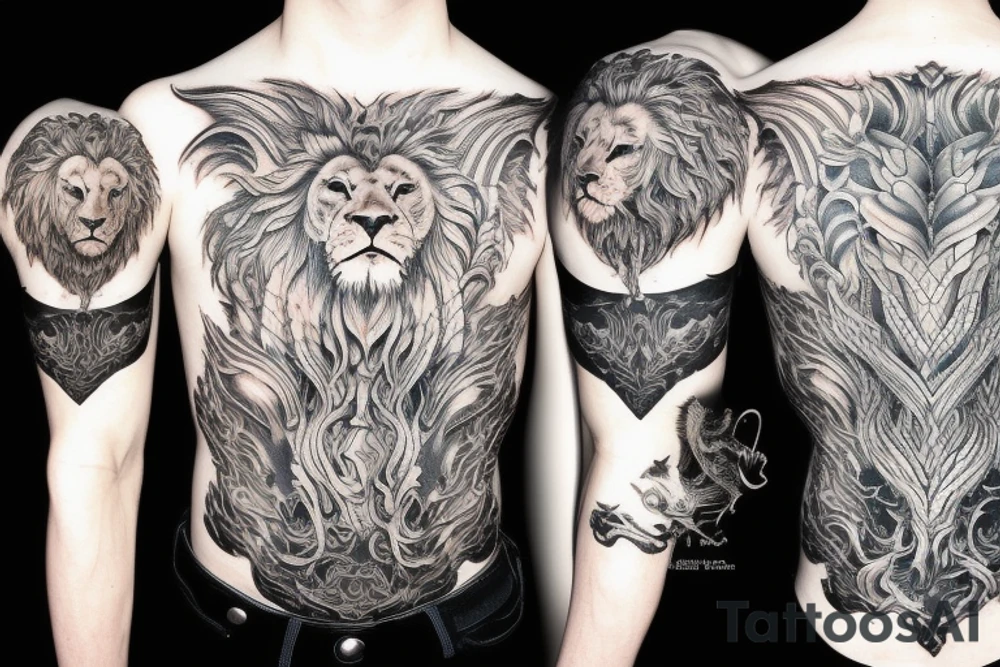 Lion mane hair is drawn as dragon-scale armour tattoo idea