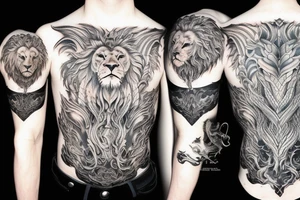 Lion mane hair is drawn as dragon-scale armour tattoo idea