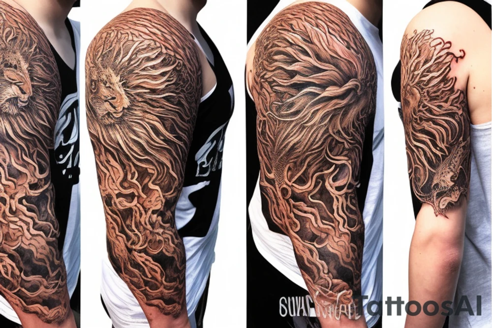 Lion mane hair is drawn as dragon-scale armour tattoo idea