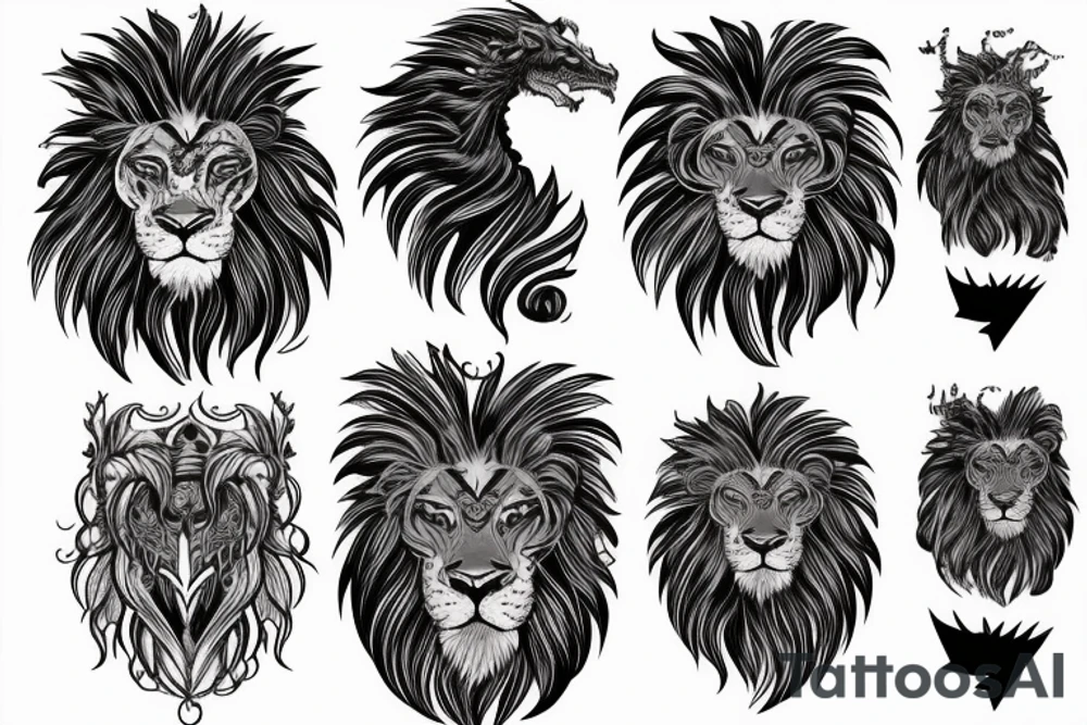 Lion mane hair is drawn as dragon-scale armour tattoo idea