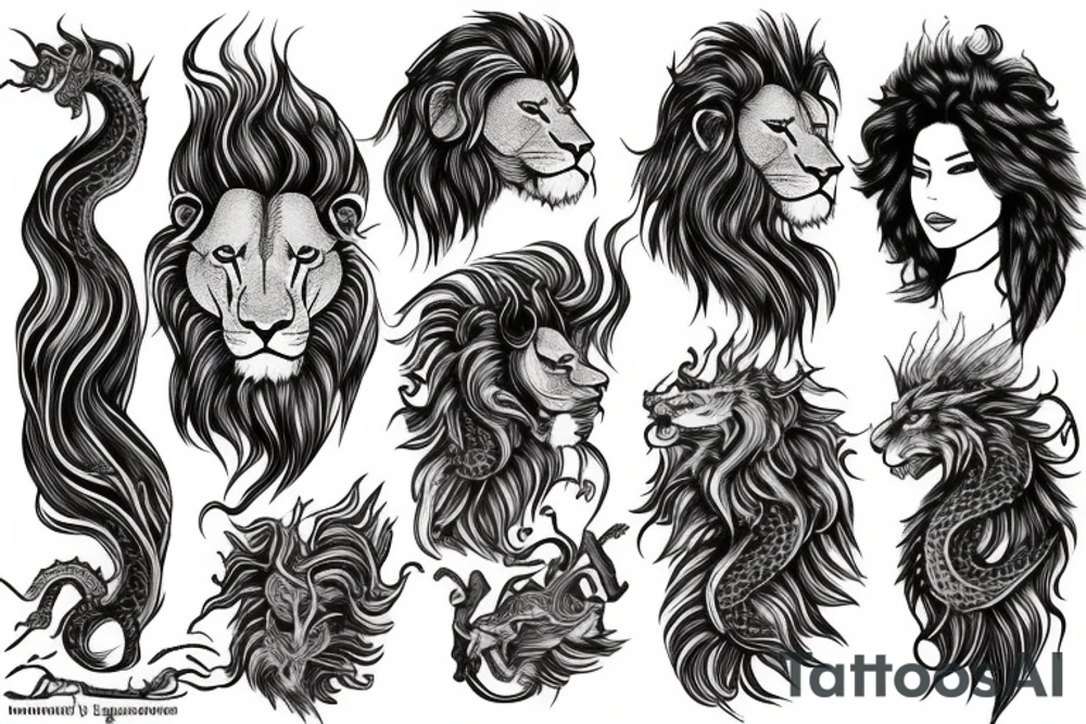 Lion mane hair is drawn as dragon-scale armour tattoo idea