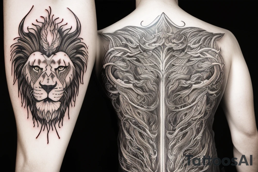Lion mane hair is drawn as dragon-scale armour tattoo idea