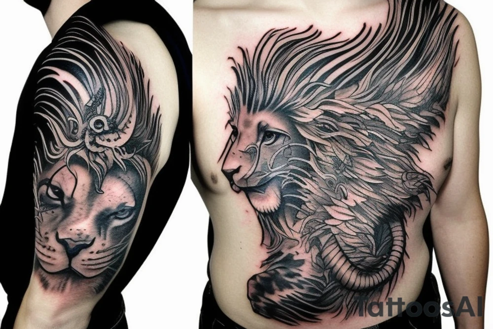 Lion mane hair is drawn as dragon-scale armour tattoo idea