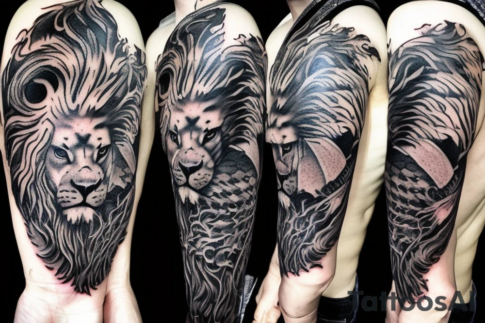 Lion mane hair is drawn as dragon-scale armour tattoo idea