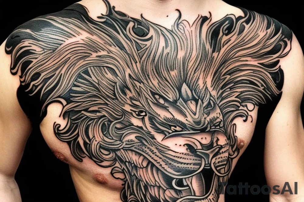 Lion mane hair is drawn as dragon-scale armour tattoo idea