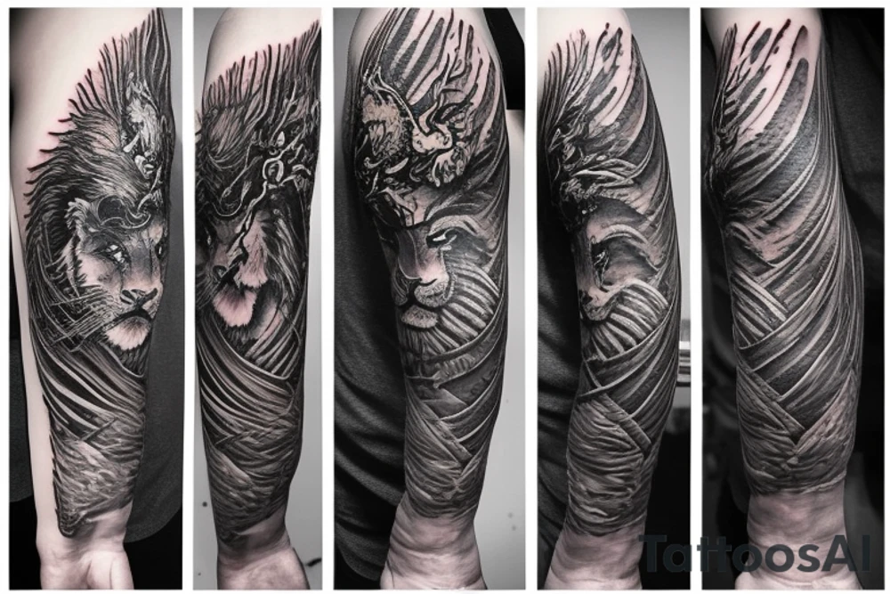 Lion mane hair is drawn as dragon-scale armour tattoo idea