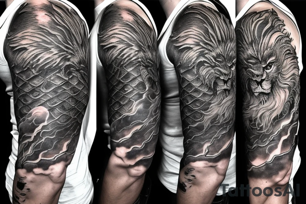 Lion mane hair is drawn as dragon-scale armour tattoo idea