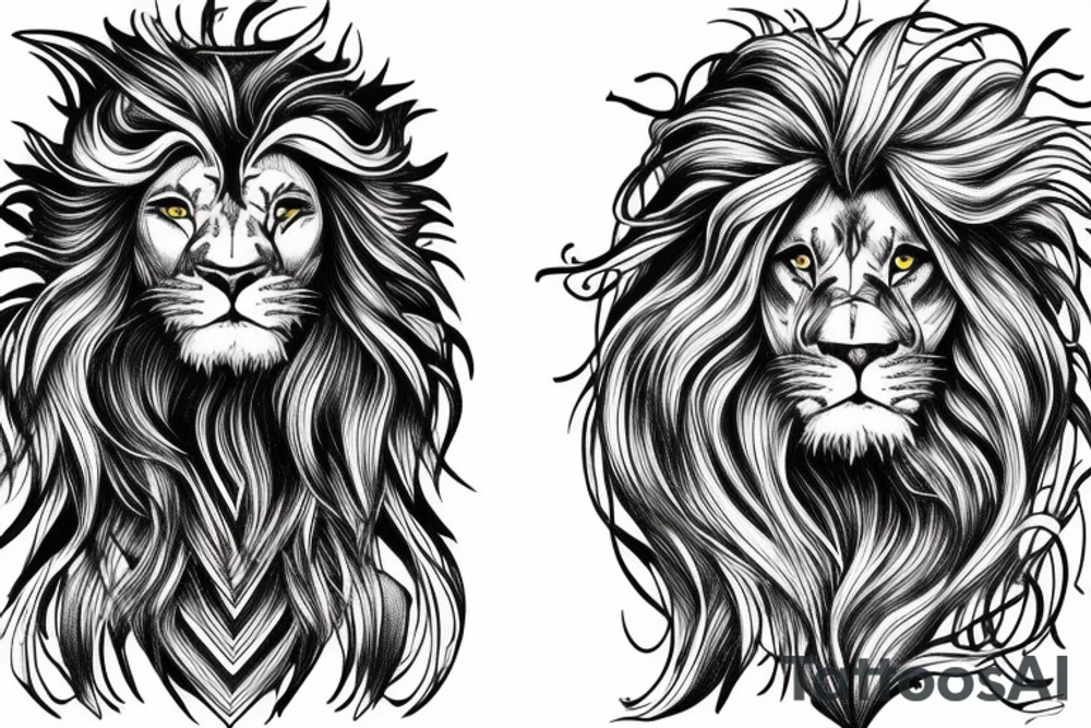 Lion mane hair is drawn as dragon-scale armour tattoo idea