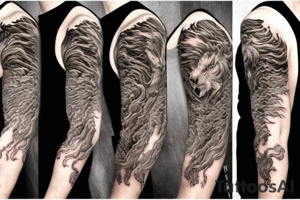 Lion mane hair is drawn as dragon-scale armour tattoo idea