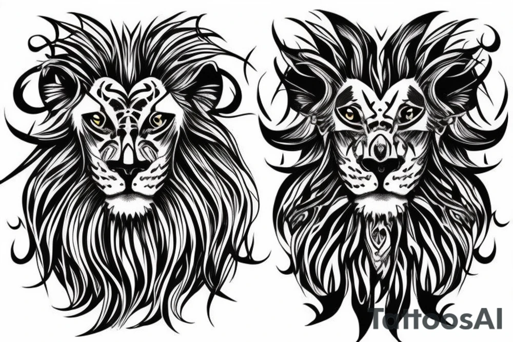 Lion mane hair is drawn as dragon-scale armour tattoo idea