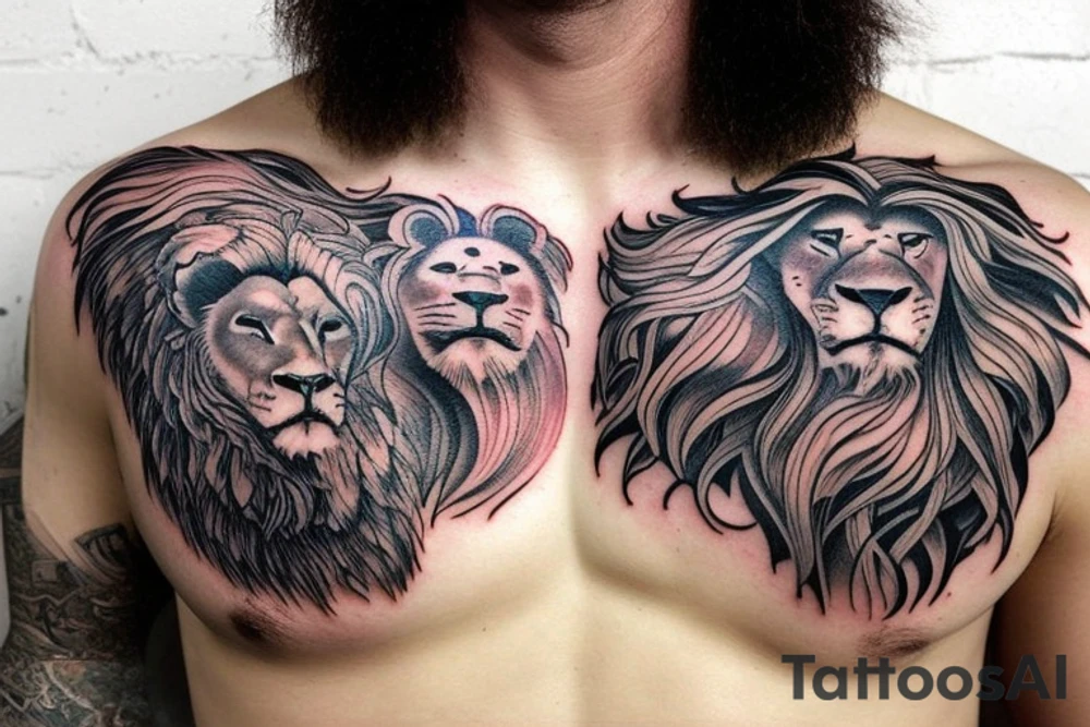 Lion mane hair is drawn as dragon-scale armour tattoo idea
