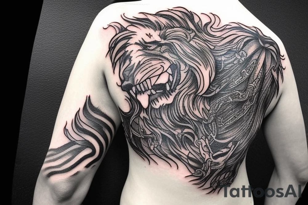 Lion mane hair is drawn as dragon-scale armour tattoo idea