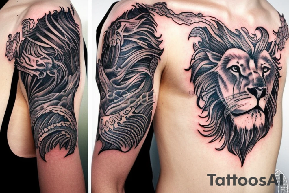 Lion mane hair is drawn as dragon-scale armour tattoo idea