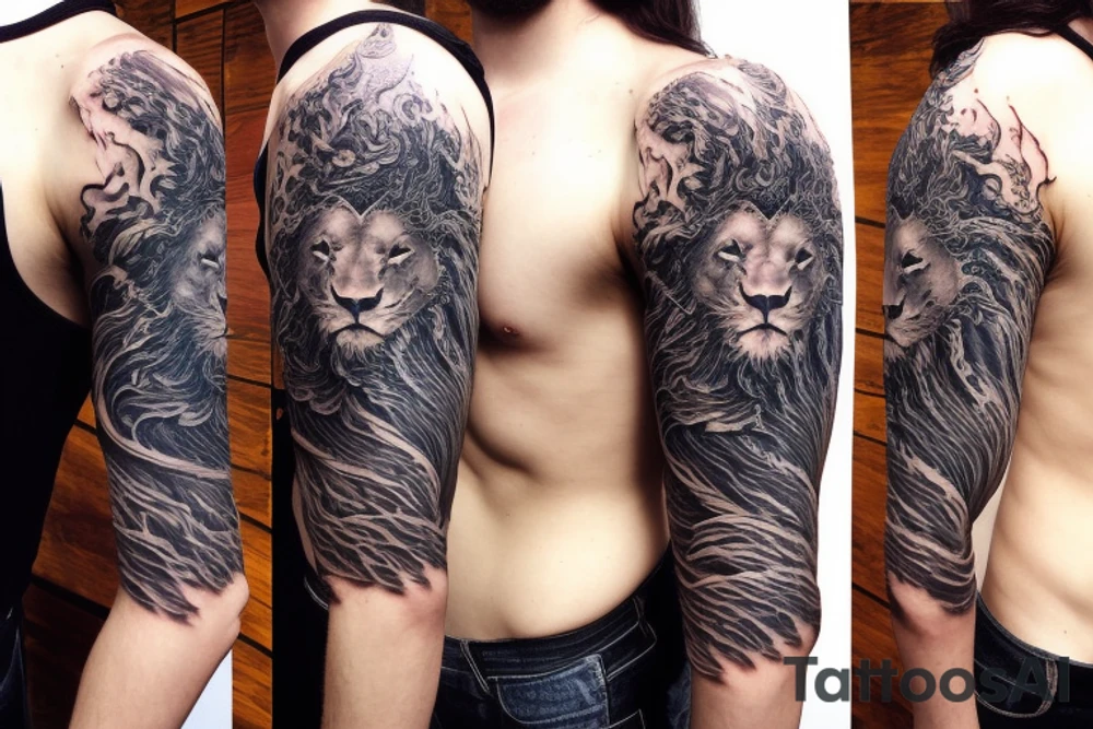 Lion mane hair is drawn as dragon-scale armour tattoo idea