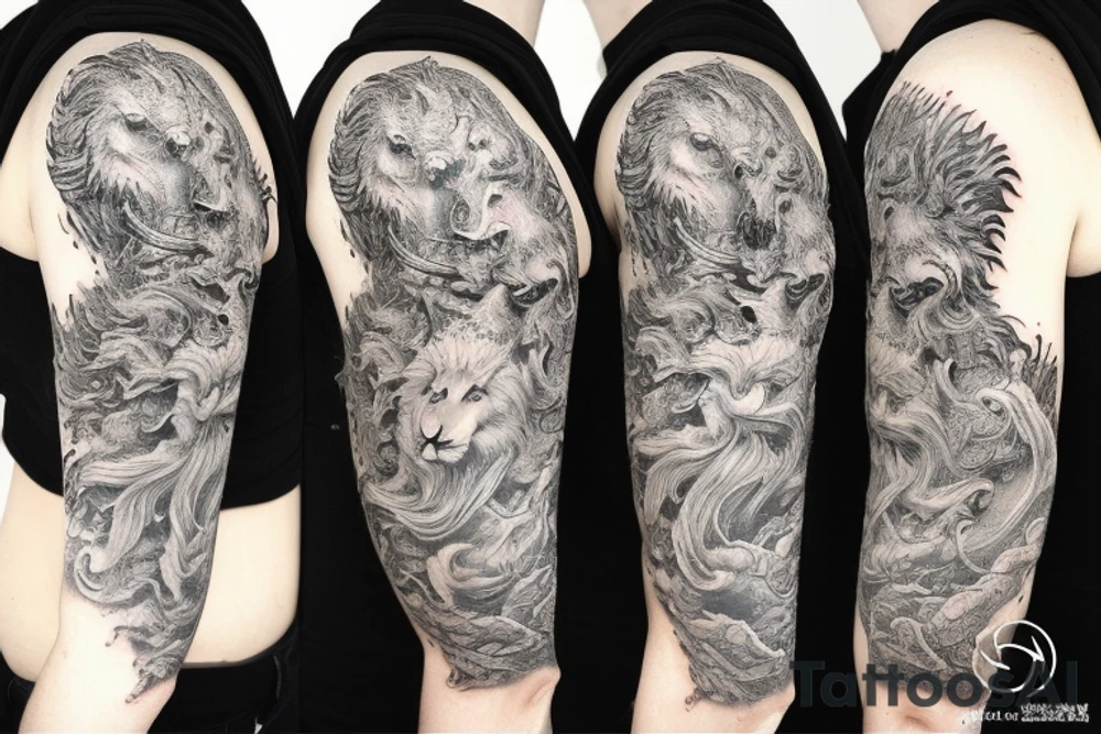 Lion mane hair is drawn as dragon-scale armour tattoo idea