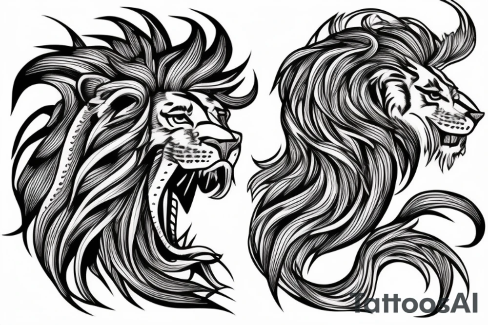 Lion mane hair is drawn as dragon-scale armour tattoo idea