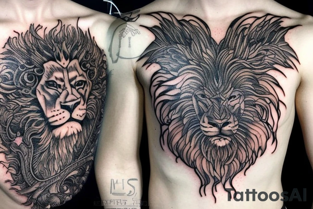 Lion mane hair is drawn as dragon-scale armour tattoo idea
