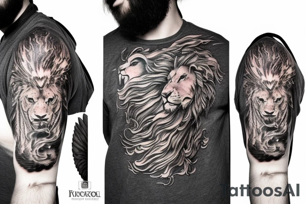 Lion mane hair is drawn as dragon-scale armour tattoo idea