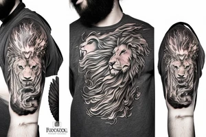 Lion mane hair is drawn as dragon-scale armour tattoo idea