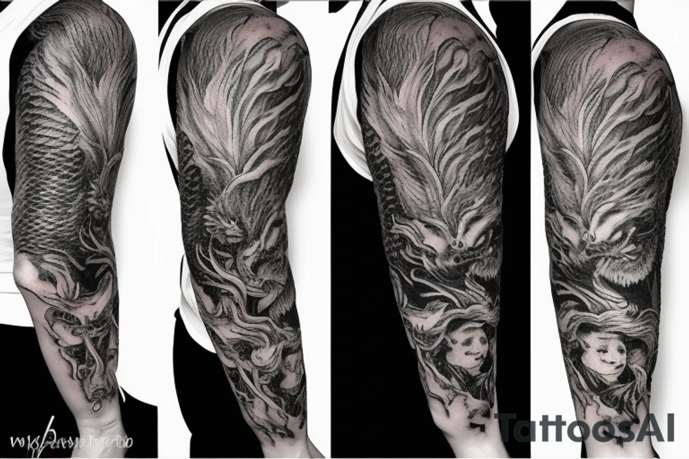 Lion mane hair is drawn as dragon-scale armour tattoo idea