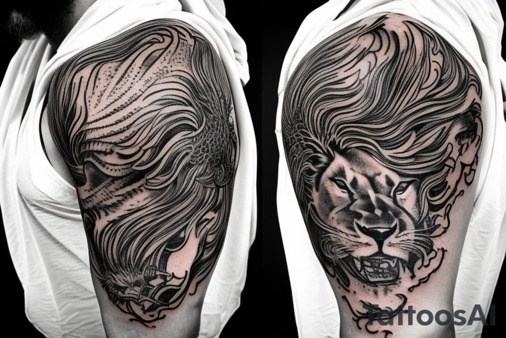 Lion mane hair is drawn as dragon-scale armour tattoo idea