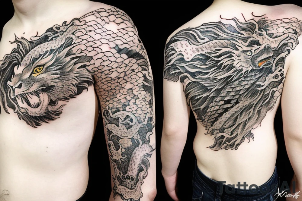 Lion mane hair drawn as dragon-scale armour tattoo idea
