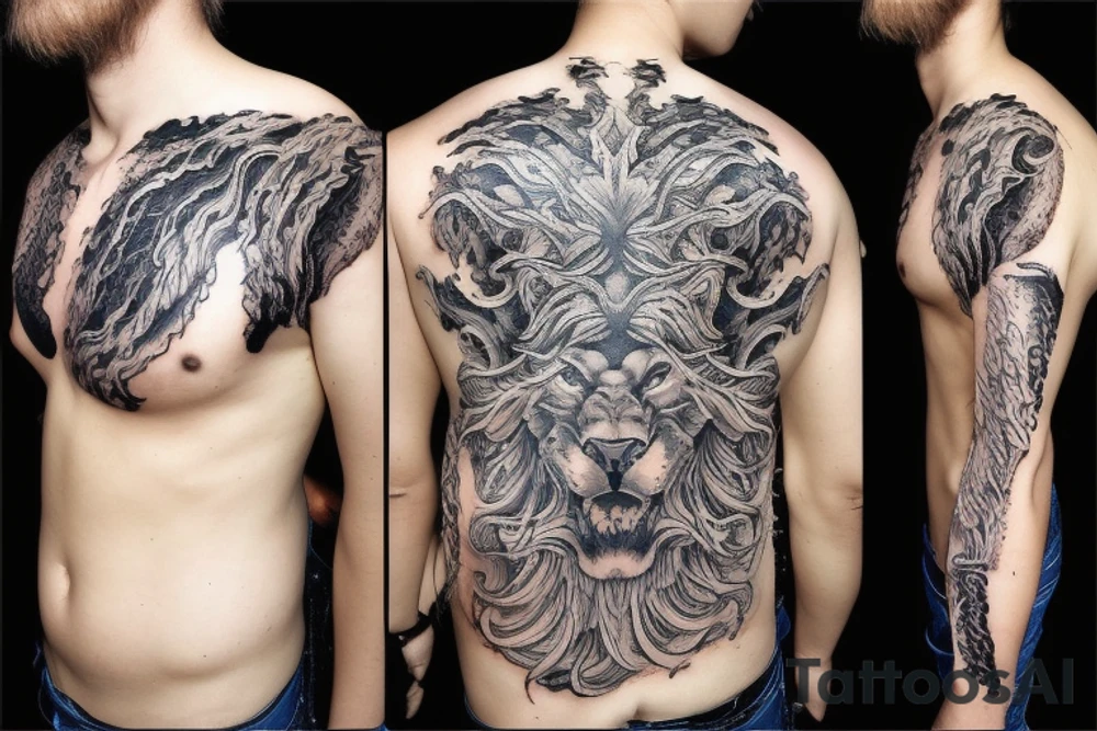 Lion mane hair drawn as dragon-scale armour tattoo idea