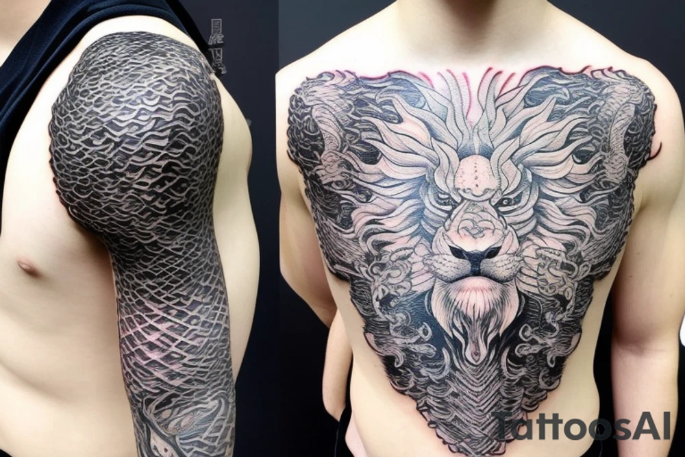 Lion mane hair drawn as dragon-scale armour tattoo idea