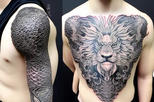Lion mane hair drawn as dragon-scale armour tattoo idea
