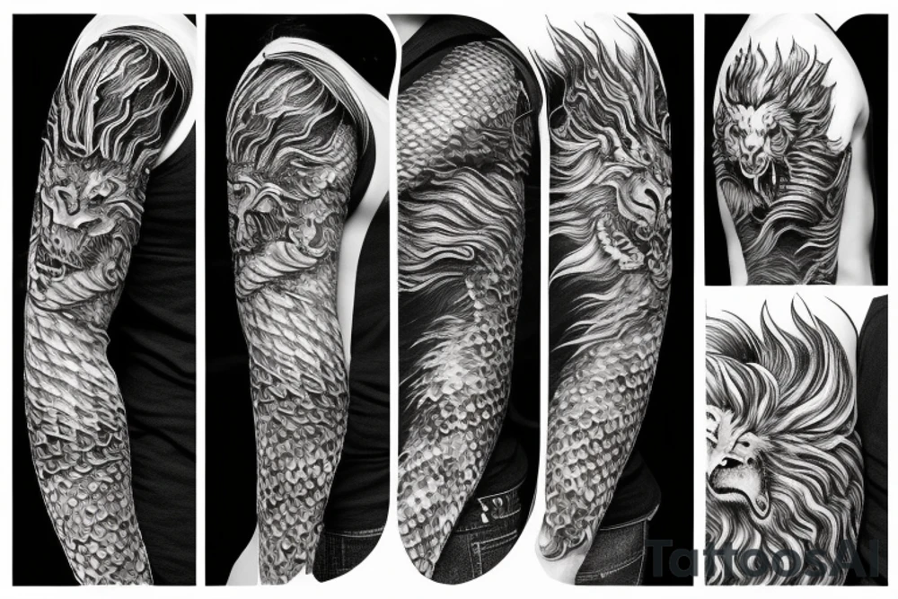 Lion mane hair drawn as dragon-scale armour tattoo idea