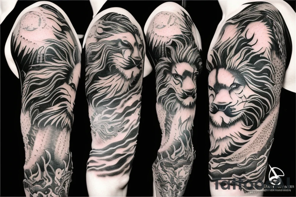 Lion mane hair merged as dragon-scale armour tattoo idea