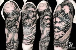 Lion mane hair merged as dragon-scale armour tattoo idea