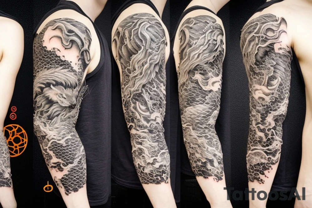 Lion mane hair merged as dragon-scale armour tattoo idea