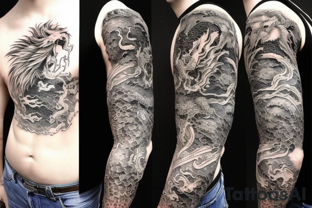 Lion mane hair merged as dragon-scale armour tattoo idea