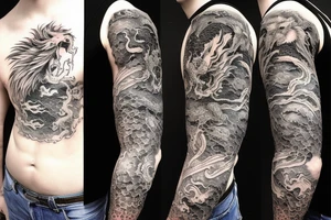 Lion mane hair merged as dragon-scale armour tattoo idea