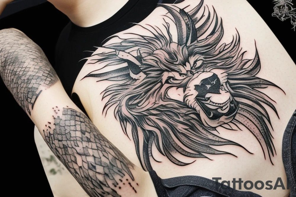 Lion mane hair merged as dragon-scale armour tattoo idea