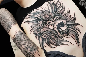 Lion mane hair merged as dragon-scale armour tattoo idea