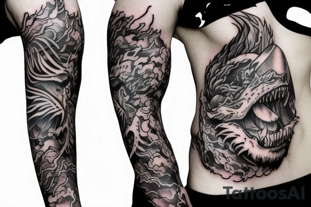 Lion mane hair merged as dragon-scale armour tattoo idea