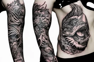 Lion mane hair merged as dragon-scale armour tattoo idea