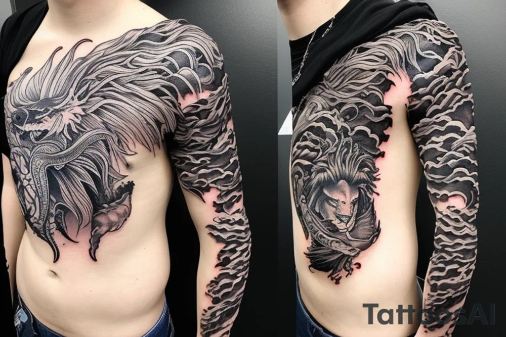 Lion mane hair merged as dragon-scale armour tattoo idea